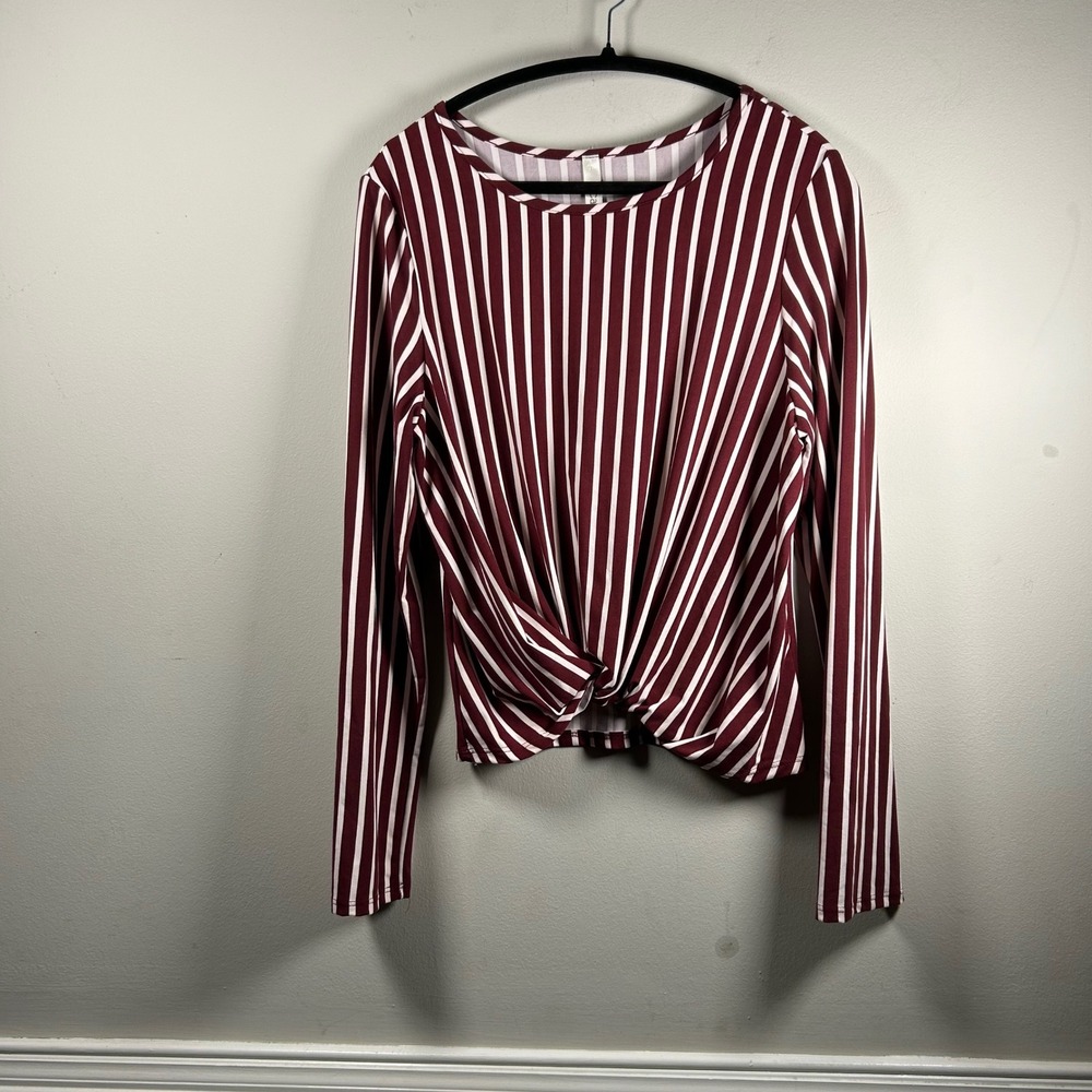 Cacia Stripe Twist Front Top Womens OS Burgundy White Modern Long Sleeve